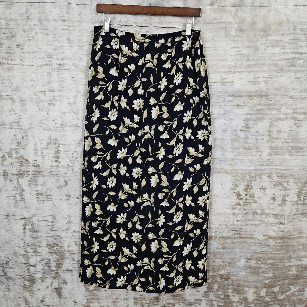 Vintage 1990s Silk Black Floral Maxi Skirt M Column 90s Jones New York Grunge